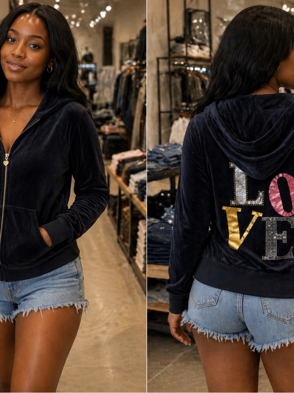 90s 2B Bebe Black Velvet Zip Hoodie with Multicolor LOVE Graphic